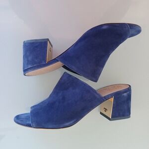 Tory Burch Cobalt Blue Suede Block Heel Mules Gold Logo 5M 37514